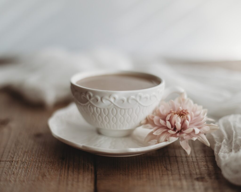 Aesthetic lifestyle coffee mug and flower hygge