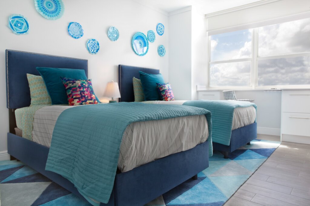 Bedroom natural light double beds blue